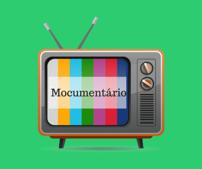GIF de uma televisão antiga exibindo a frase Mocumentário é um subgênero do pseudodocumentário.