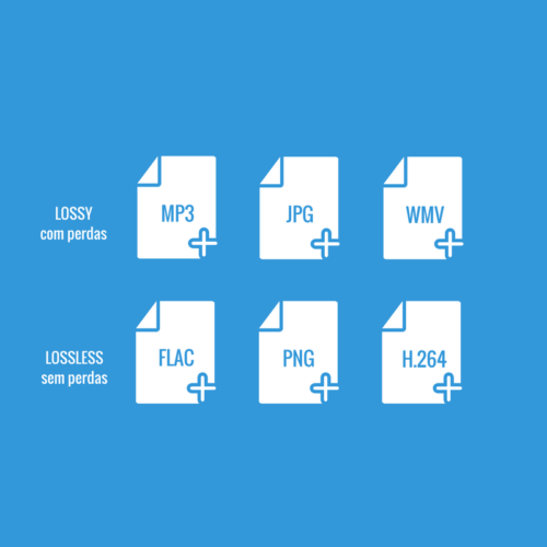 Em um fundo azul, constam os arquivos lossy, com perdas, escritos de branco. Os arquivos estão agrupados em três folhas com um sinal de adição simbolizando que são arquivos digitais. O primeiro é um arquivo do formato MP3, o segundo JPG e o terceiro WMV. O segundo grupo é o dos arquivos lossless, sem perdas, também simbolizados por folhas com o sinal de adição. Neles constam as palavras FLAC, PNG e H.264.