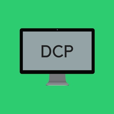 Imagem de uma tela de computador com a sigla DCP, centralizada