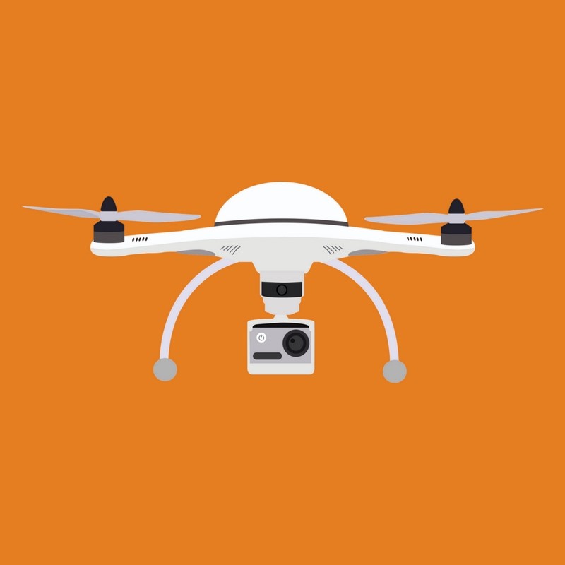 Um drone branco e uma câmera acoplada à aeronave. Ilustração sobre um fundo laranja.