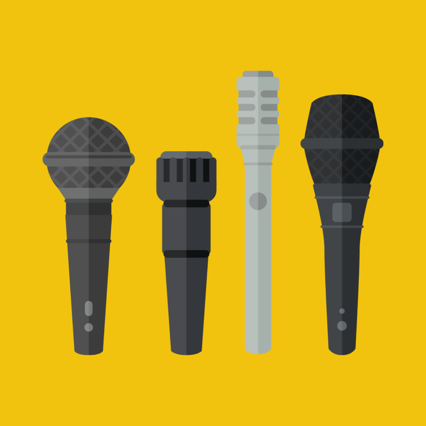 Imagem que representa o primeiro elo da sonorização: os microfones. Na figura, a representação de quatro microfones de mão sobre fundo amarelo.
