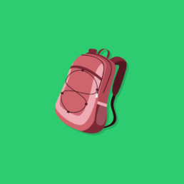 Uma mochila rosa sobre fundo verde.
