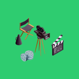 Um conjunto de símbolos que representam o set de gravações: uma cadeira estilizada, um megafone, uma câmera, uma claquete e algumas bitolas de filme.