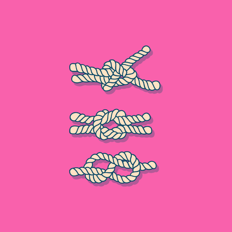A imagem representa a logline a partir da representação de três diferentes nós em cordas. 