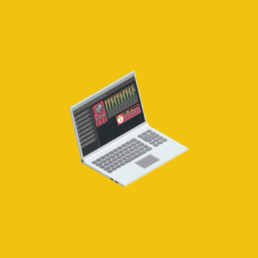Um laptop com painéis de áudio sobre fundo amarelo.