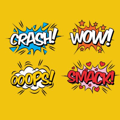 Representação visual de sfx: as palavras crash, wow, ops e smack que simbolizam colisão, surpresa, dúvida e beijo.