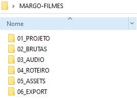 Exemplo de uma organização de projeto de vídeo. Pastas diferentes para projeto, material bruto, áudio, roteiro, assets e material exportado.