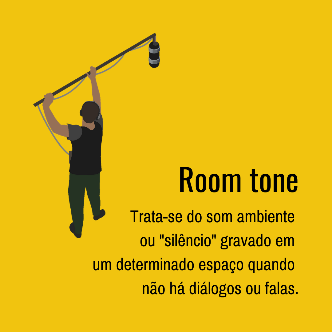 Imagem de uma pessoa operando um boom e a seguinte informação: room tone é o som ambiente  ou "silêncio" gravado em  um determinado espaço quando  não há diálogos ou falas.
