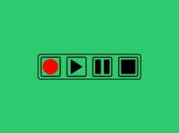 Quatro botões de um reprodutor de vídeo: o REC, o play, o pause e o stop.
